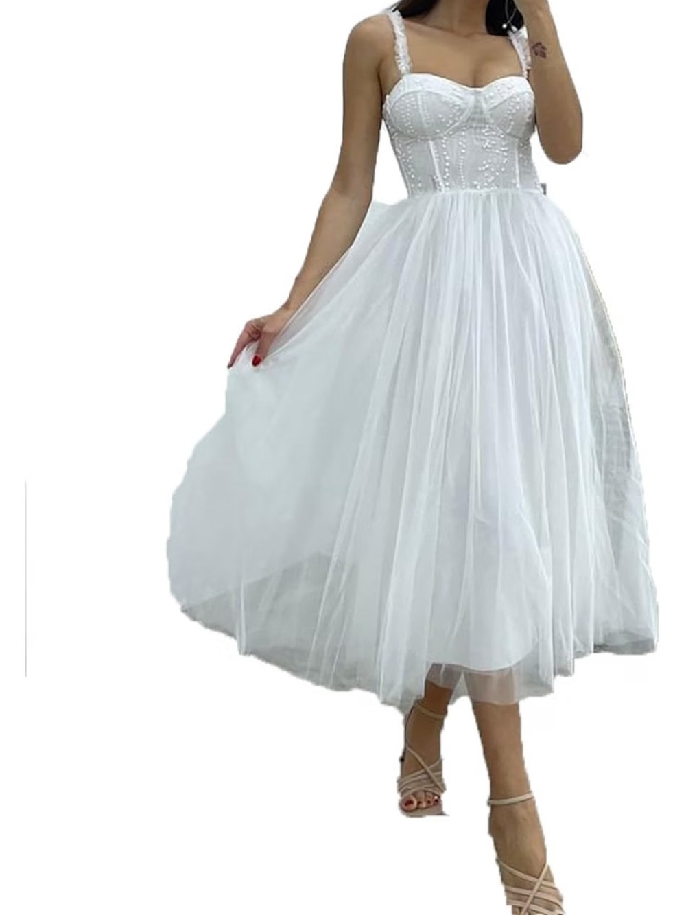 Elegant White Tulle Midi Dress with Corset Bodice